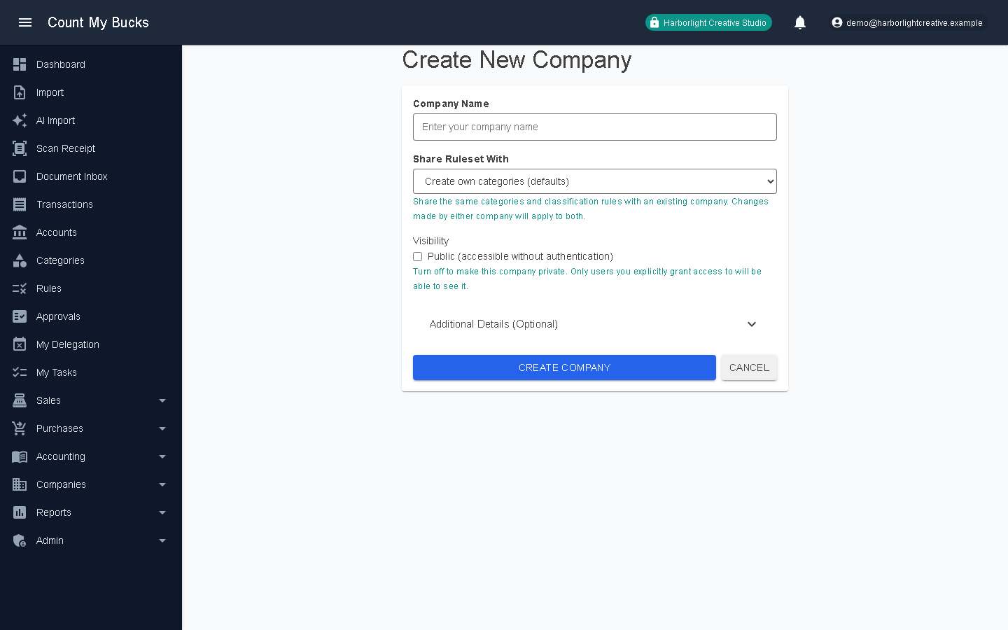 Company Setup and Editing screenshot