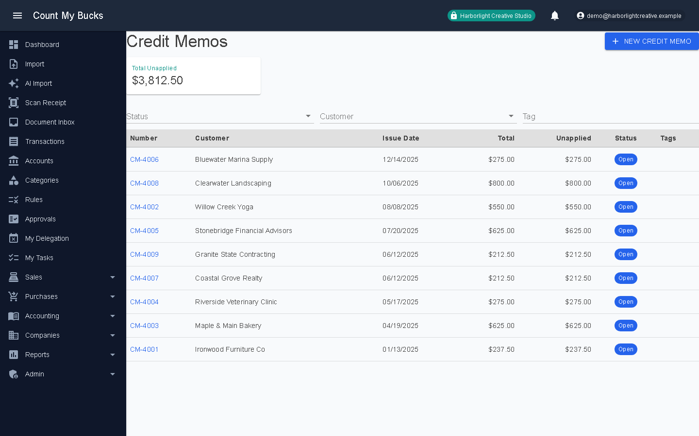 Credit Memos screenshot