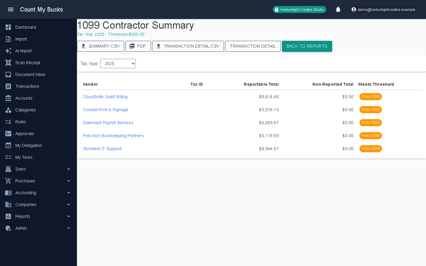1099 Contractor Balance Summary screenshot