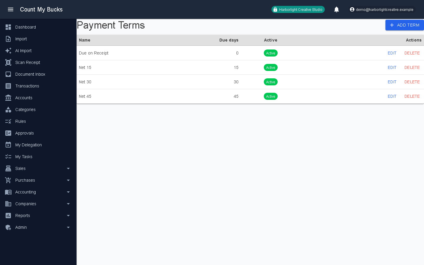 Payment Terms screenshot