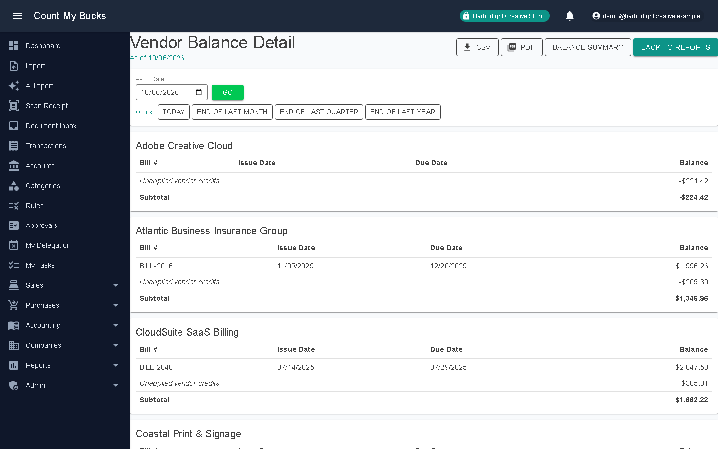 Vendor Balance Detail screenshot