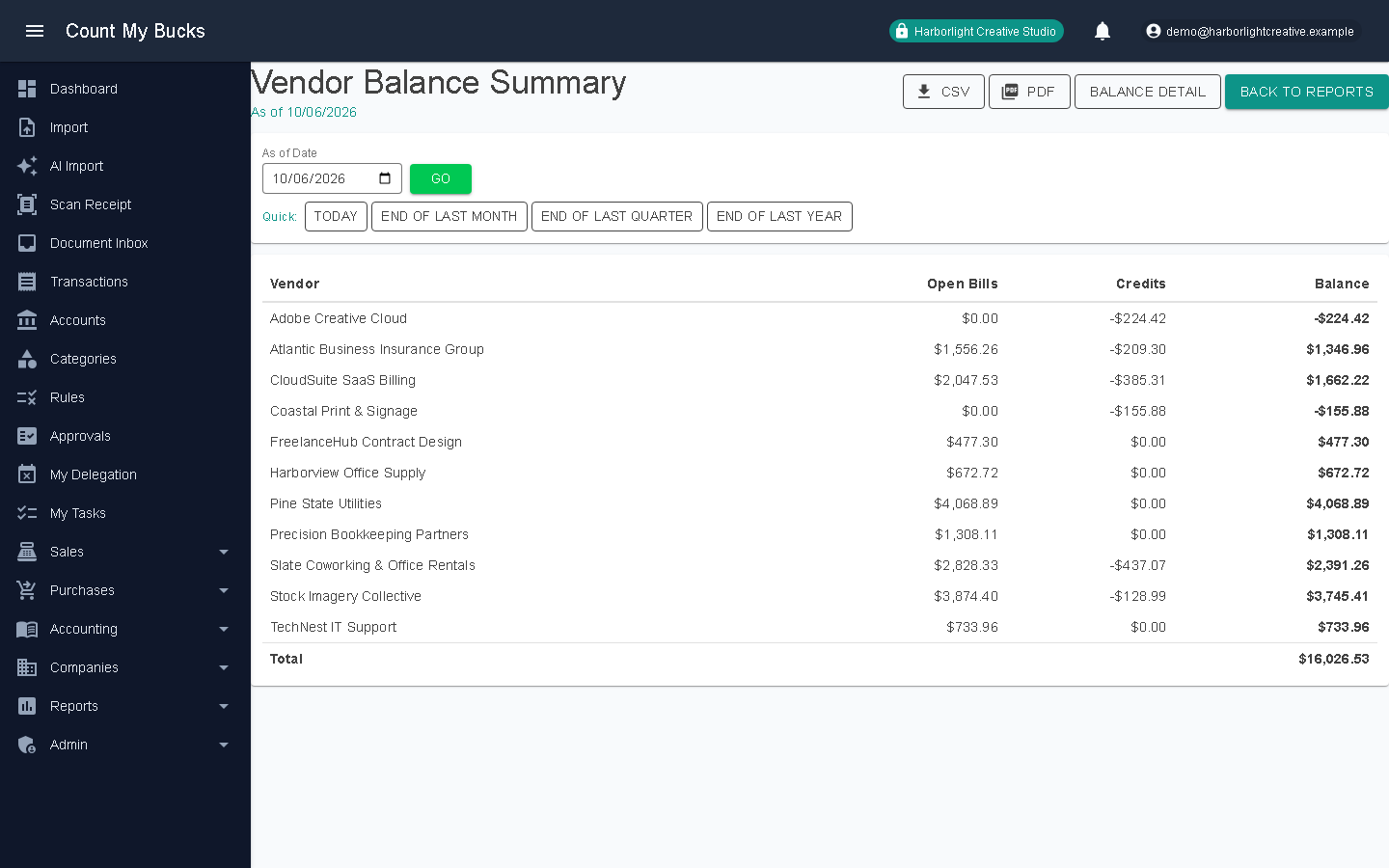 Vendor Balance Summary screenshot