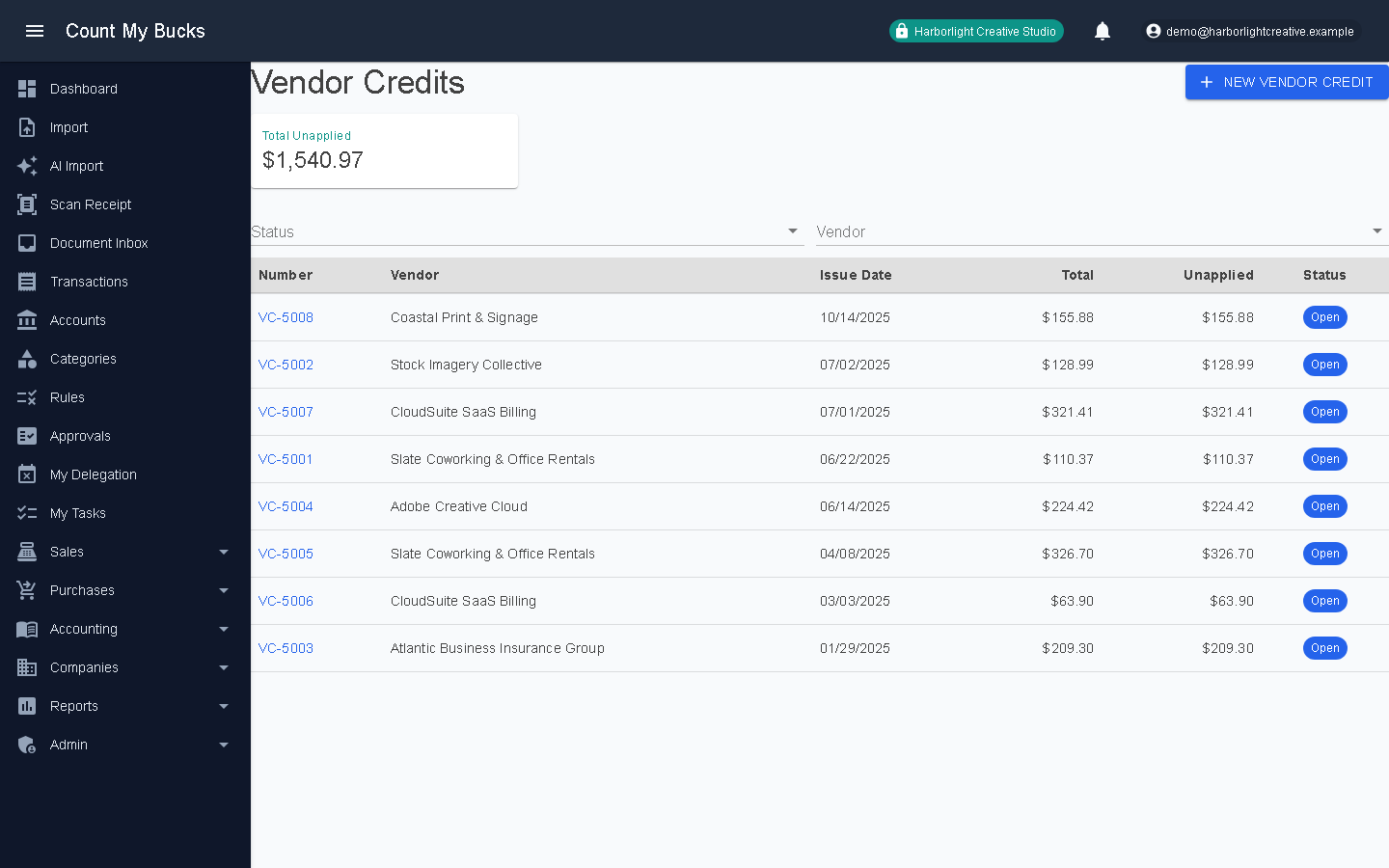Vendor Credits screenshot